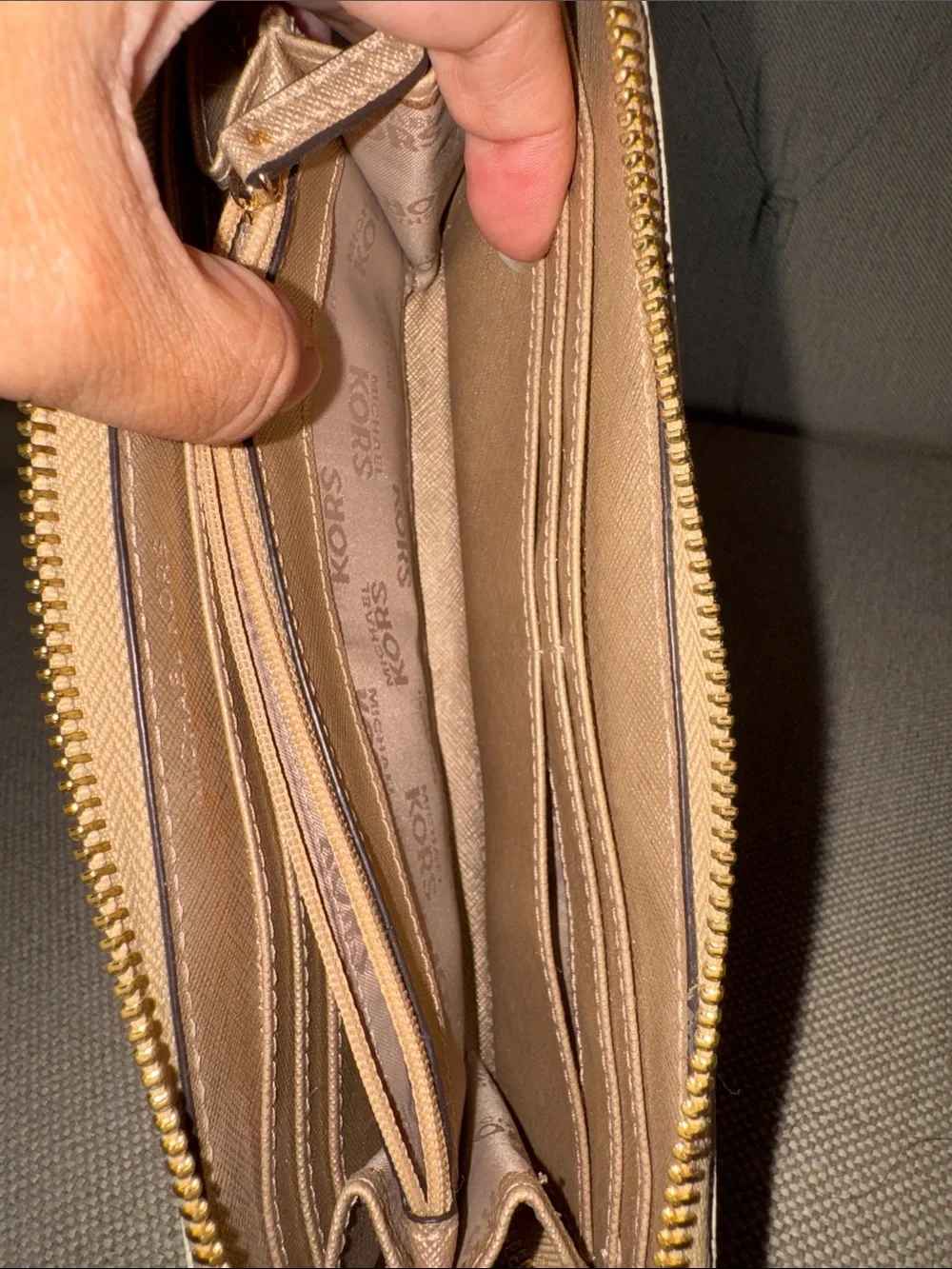 Michael Kors Cream Monogram Zip Wallet with Gold Accents
